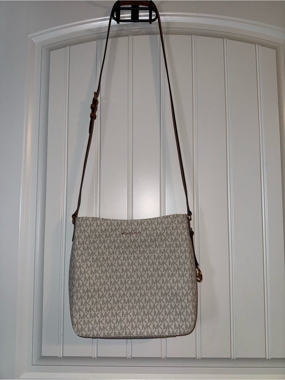 Michael Kors Beige MK Monogram Crossbody with Brown Strap